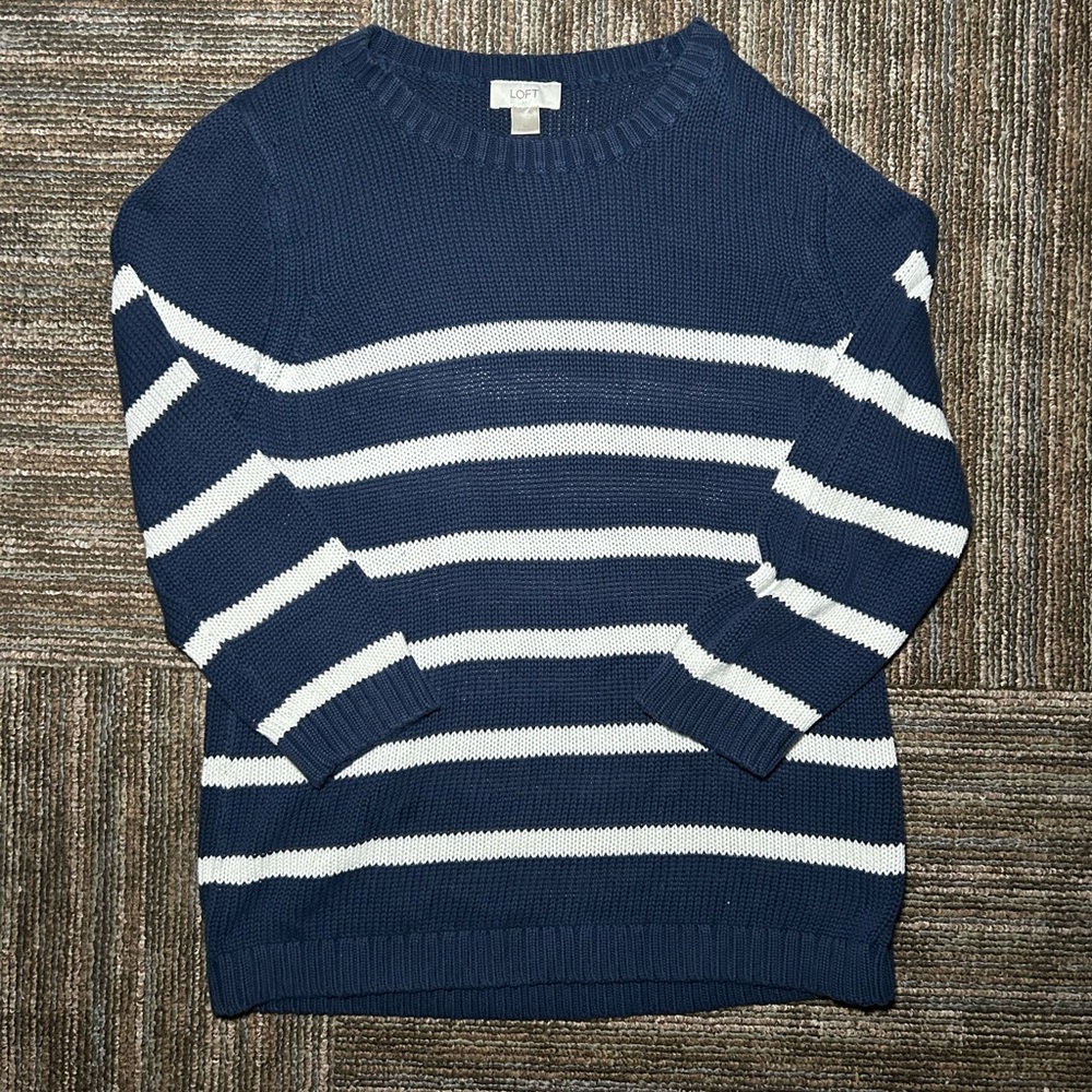 LOFT Women's Navy Blue & White Striped Crew Neck Chunky Knit Sweater - Size XL